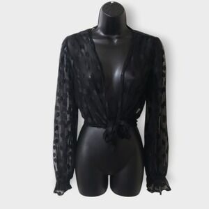 Ember Black Polka Dot Sheer Mesh Tie Front‎ Crop Top Long Sleeve Sz Medium